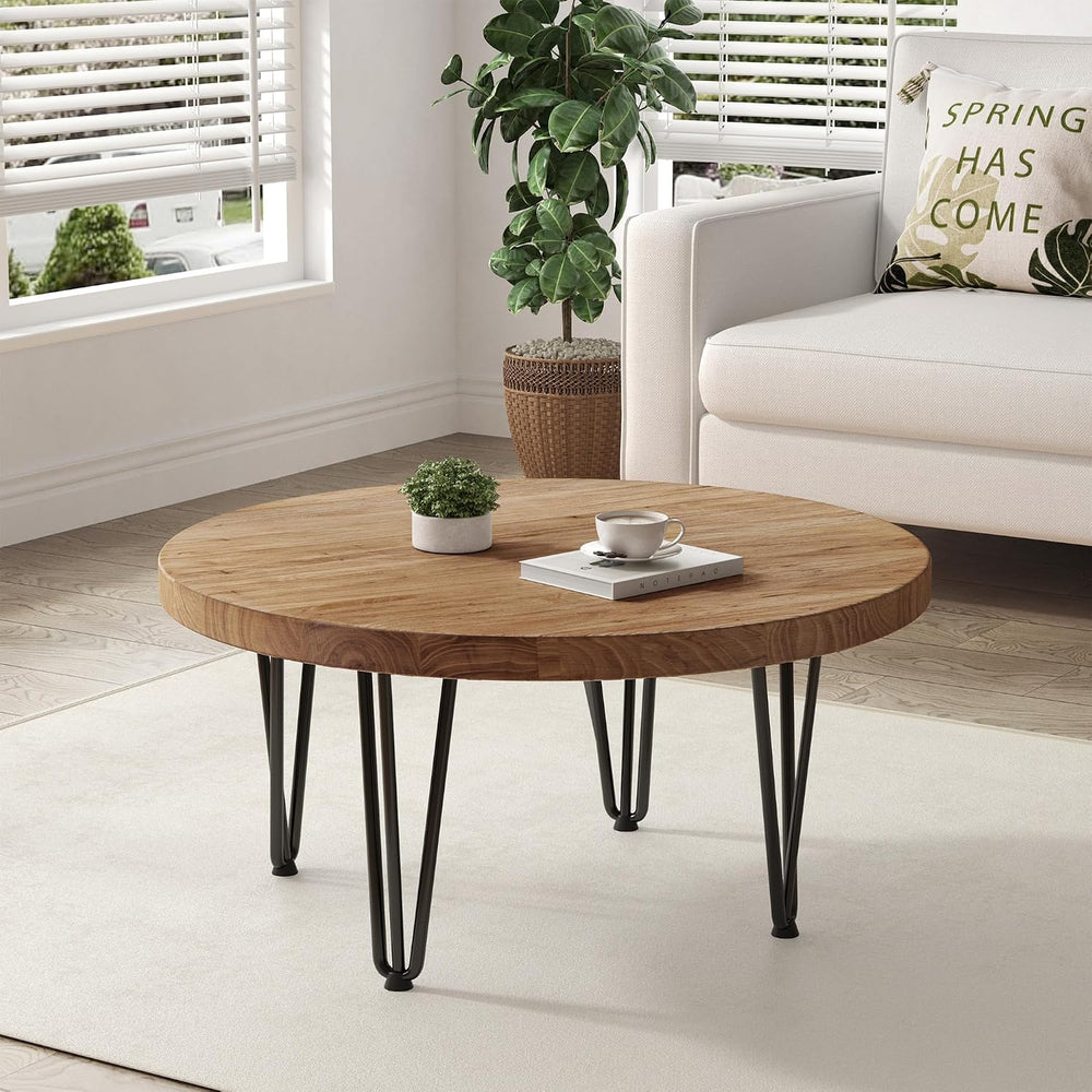 FLYJOE Rustic Wood Round Coffee Table with Metal Legs, Solid Elm Wood Top and...
