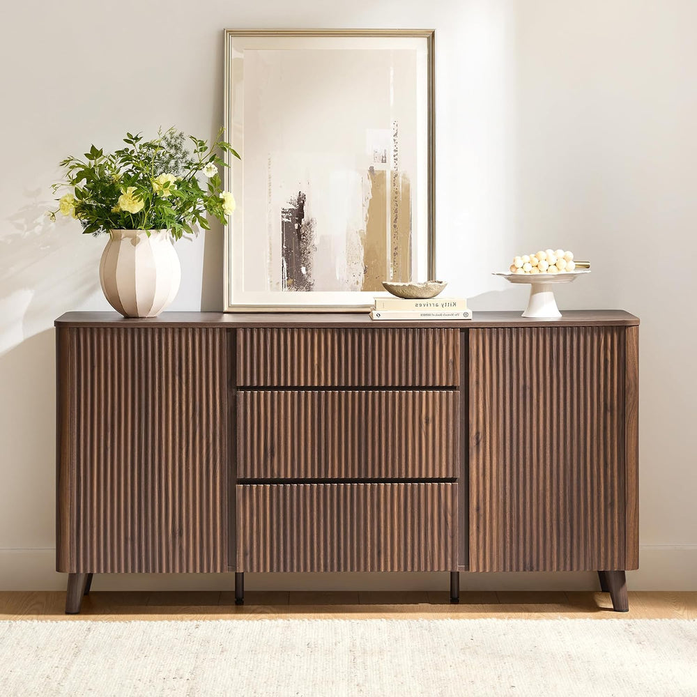 CHITA 62" Fluted Sideboard Buffet Cabinet with 3 Drawers, Walnut