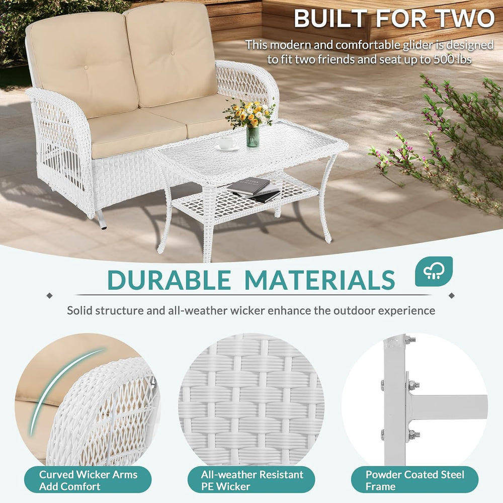 MEETWARM Outdoor Wicker Patio Glider Set, Loveseat for 2 Person Porch Furnitu...