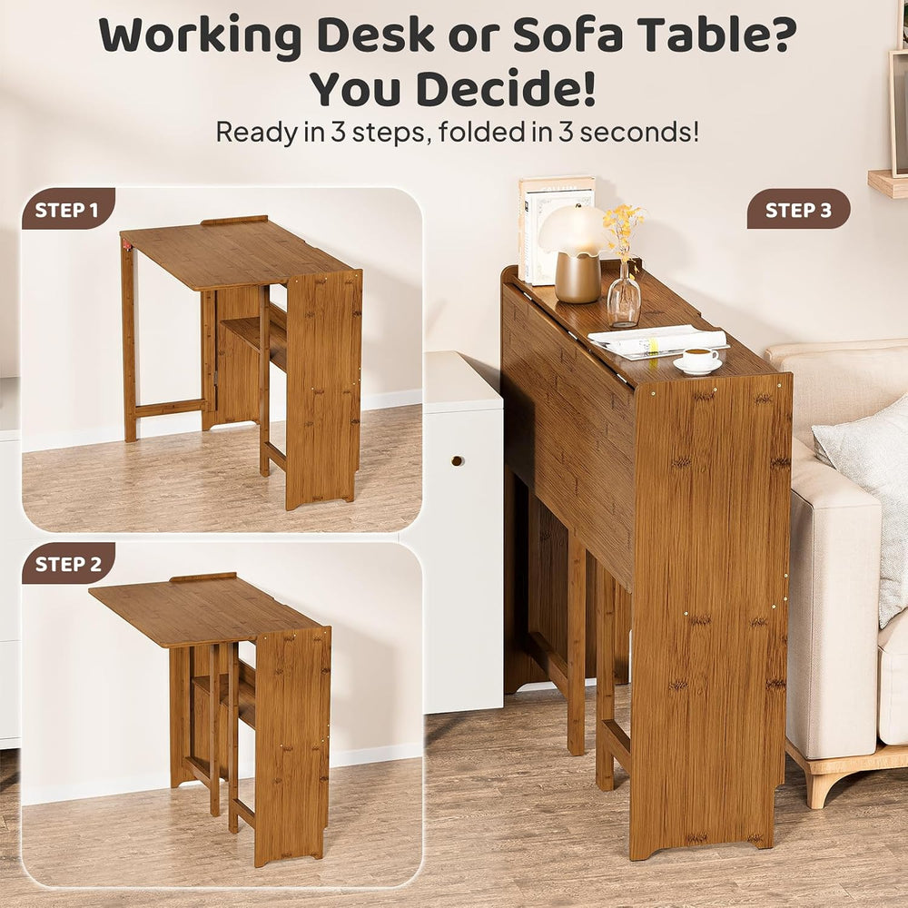 Bamboo Folding Desk for Small Spaces, Small Computer Foldable Desk, Brown