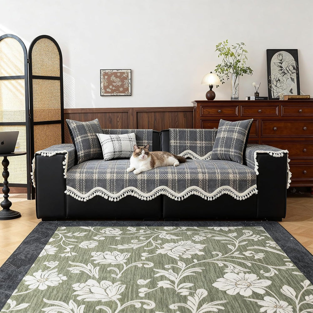 VOGOL Plaid Chenille Sofa Pad, Non Slip Couch Cover, 27 x 70, Light Gray