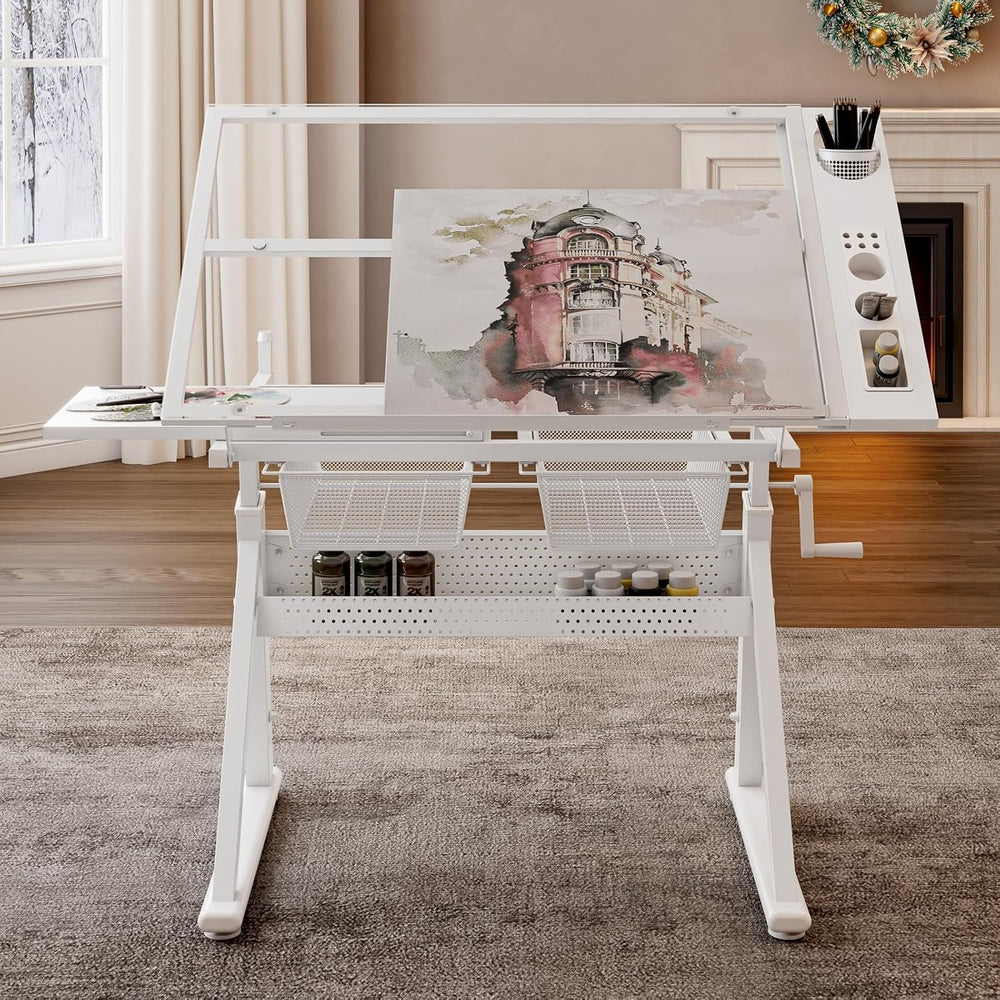 Drafting Desk w/Stool, Upgraded Glass Art Table for Artists, White