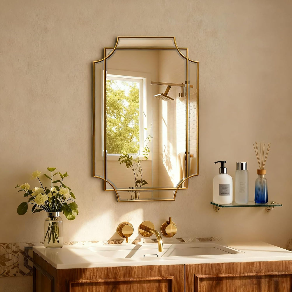 HQiJun 30x20 Inch Gold Bathroom Mirror, Wooden Frame with Scalloped Polished ...