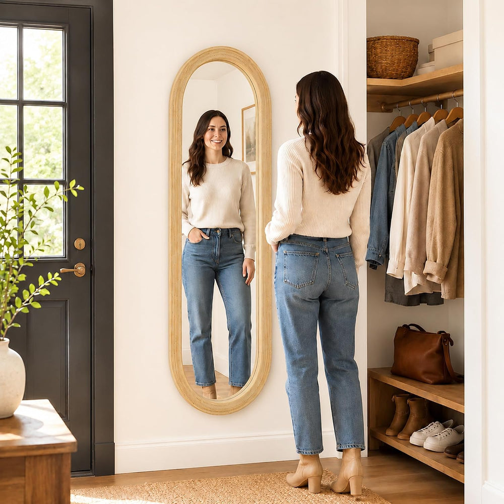 20" x 52" Long Oval Full Length Wall Mirror, Bamboo Strip Frame