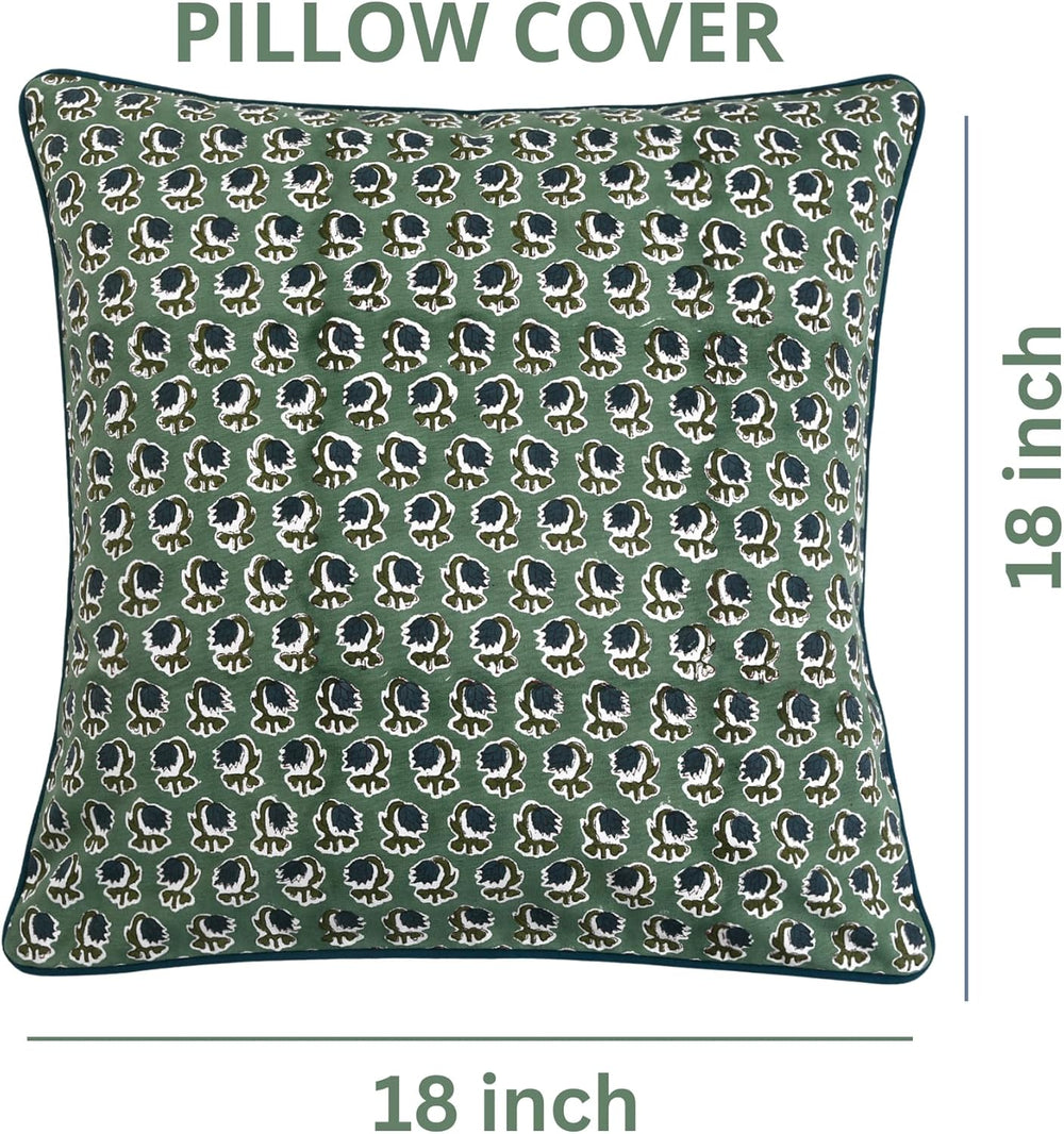 Ridhi Basil Green Hand Block Print Cotton Pillow Cover 18x18 Inch Set of 2