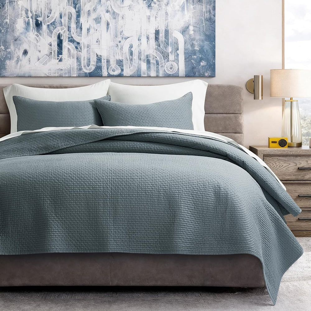 EverGrace Cotton Sateen Pick-Stitch Quilt Set, King Size, Dusk Blue