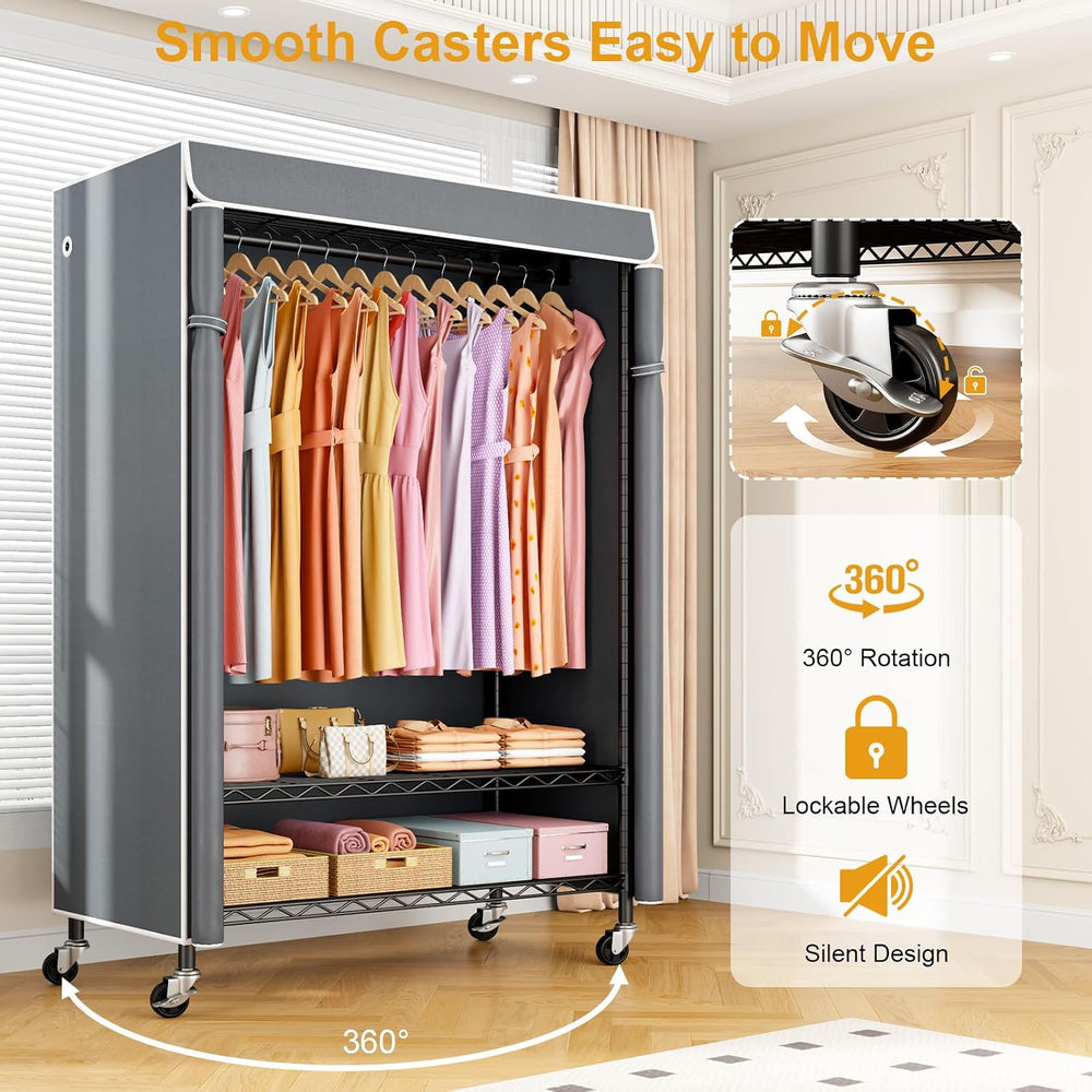 ULIFHOME P6C Plus Rolling Clothes Rack with Cover, Covered Clothing Rack