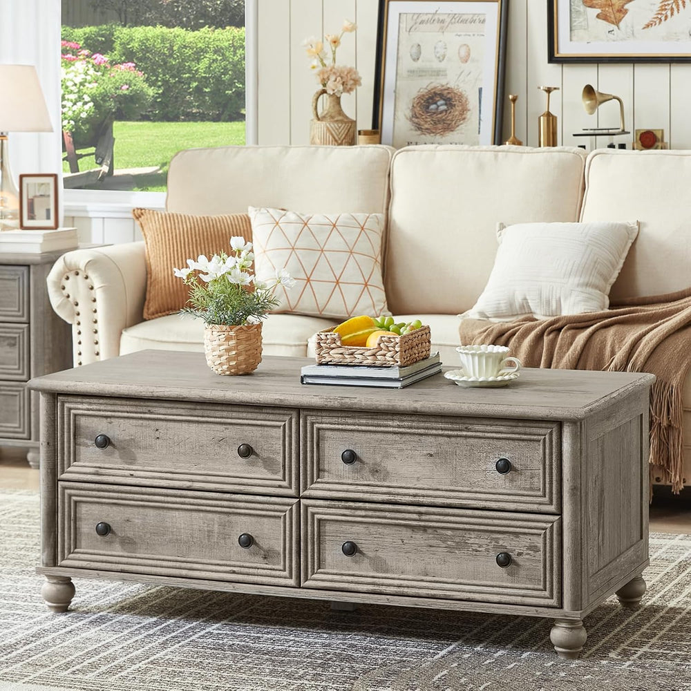 RWYHG 48" Farmhouse Grey Coffee Table, Center Table with 4 Drawers