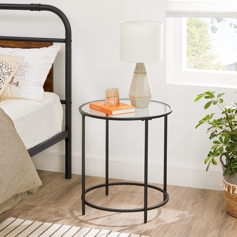 VASAGLE Round Side Tables, Set of 2, Glass End Tables with Metal Frame