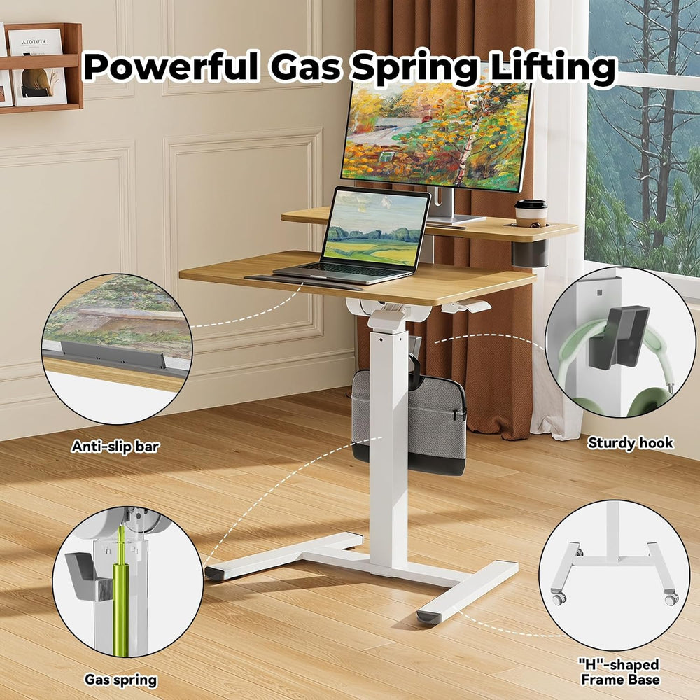 28" Mobile Standing Desk, Tiltable Top with 2-Tier Shelves, Maple