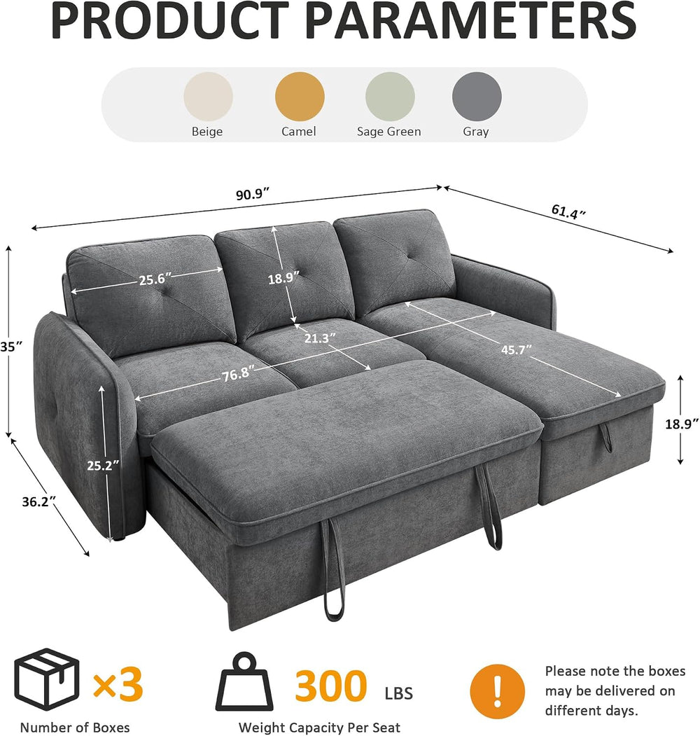 Sectional Sleeper Sofa, Pull-Out Bed, Storage Chaise, Chenille Gray
