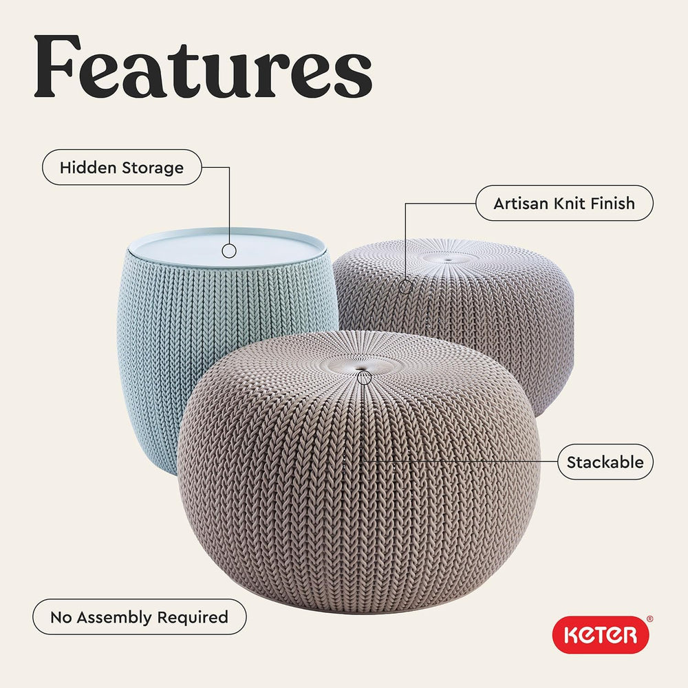 Keter Urban Knit Pouf Ottoman Set of 2 with Storage Table for Patio and Room ...