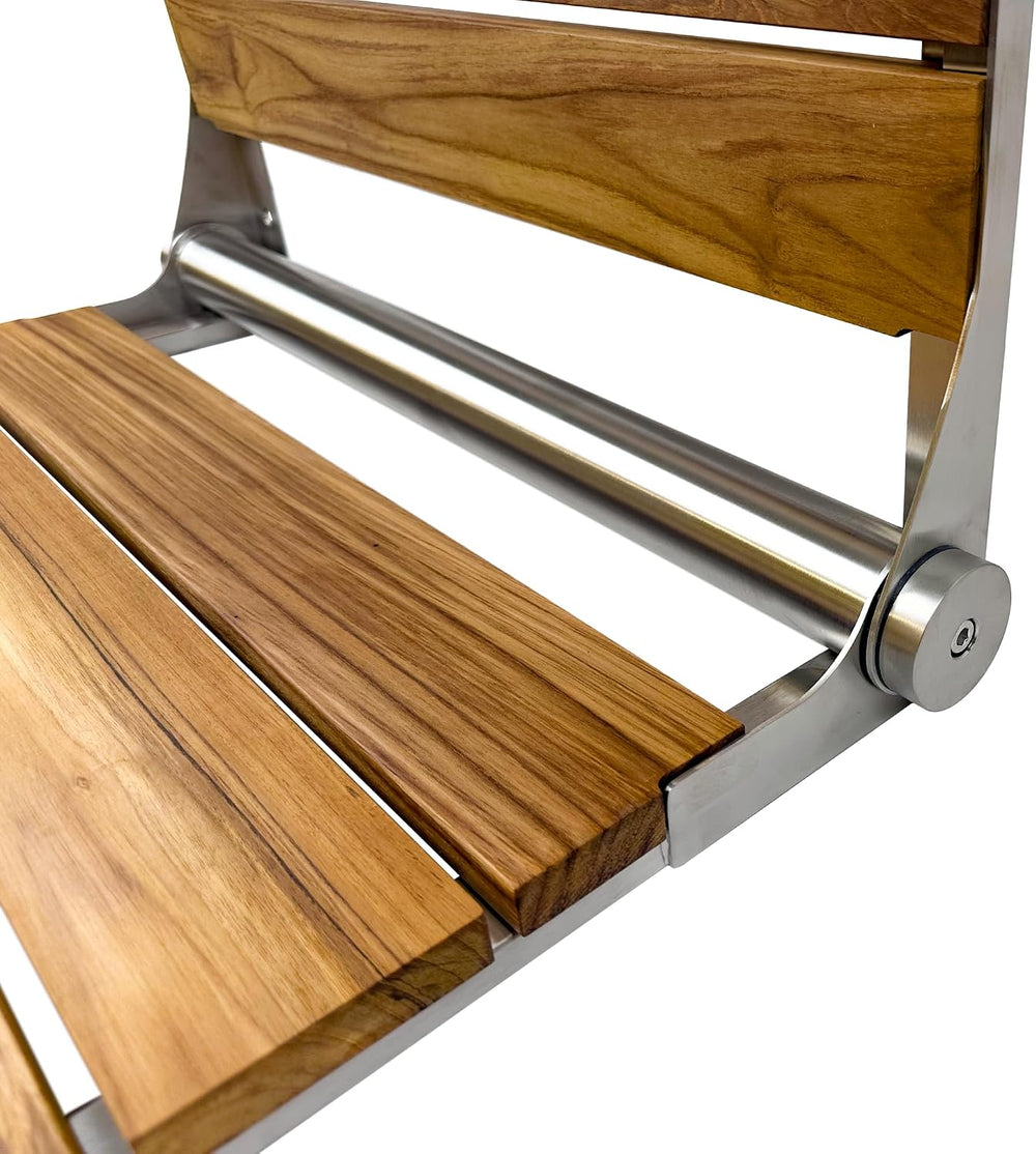 Teak Shower Seat Bench with Back, Brushed Stainless, 24 in