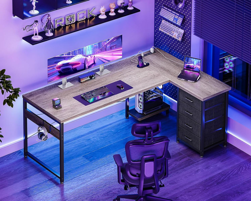 AODK 61" L Shaped Gaming Desk with 4 Drawers and Power Outlets, Grey