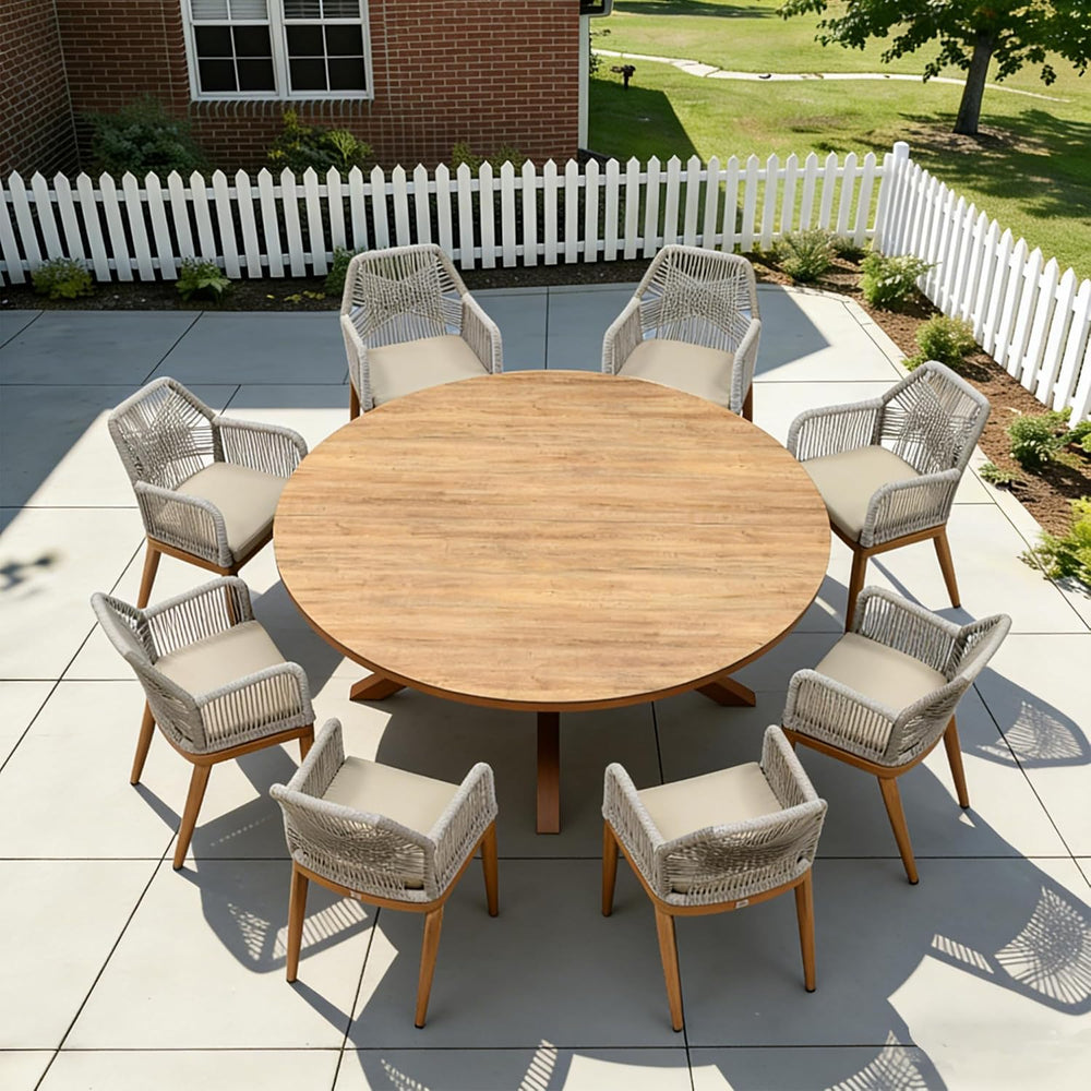 PURPLE LEAF Round Patio Dining Set 9 Pieces with Cushion and Arm, Deep Teak