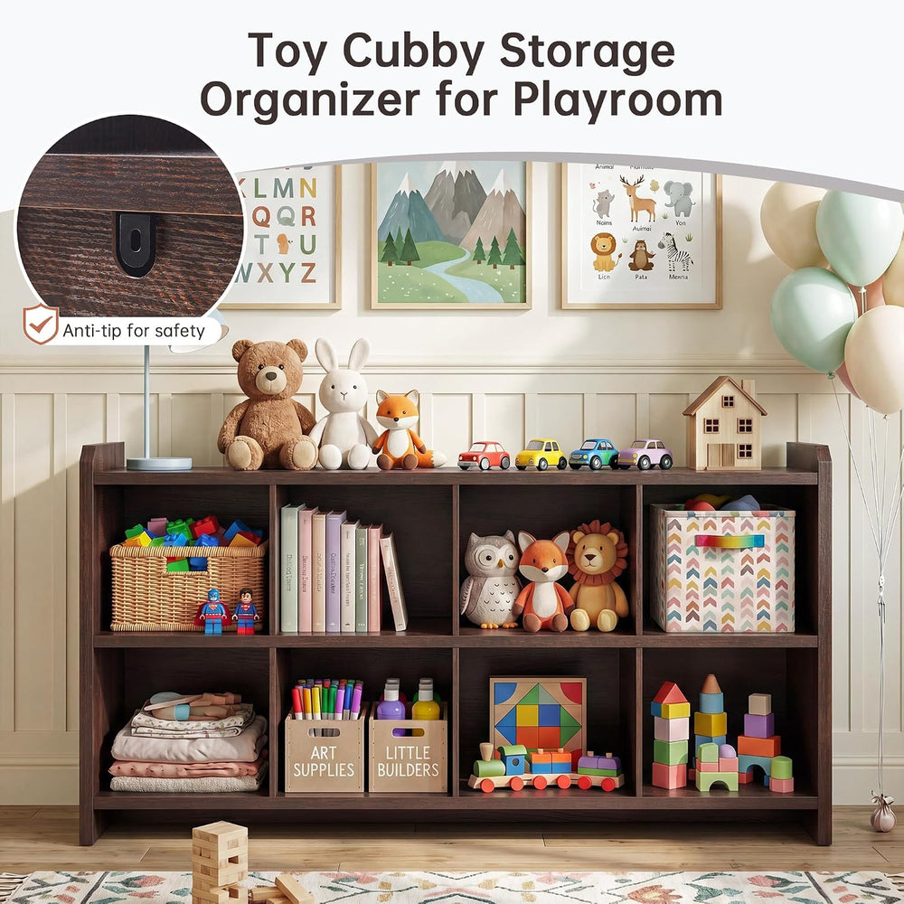 8 Cube Low Storage Organizer, 63" Long Horizontal Bookshelf, Dark Walnut