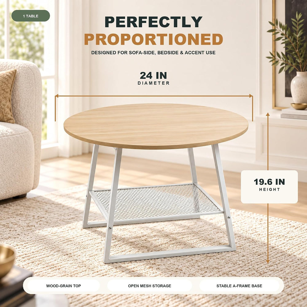Lightdot 2‑Tier Round Side Table, Walnut End Table with Metal Mesh Shelf