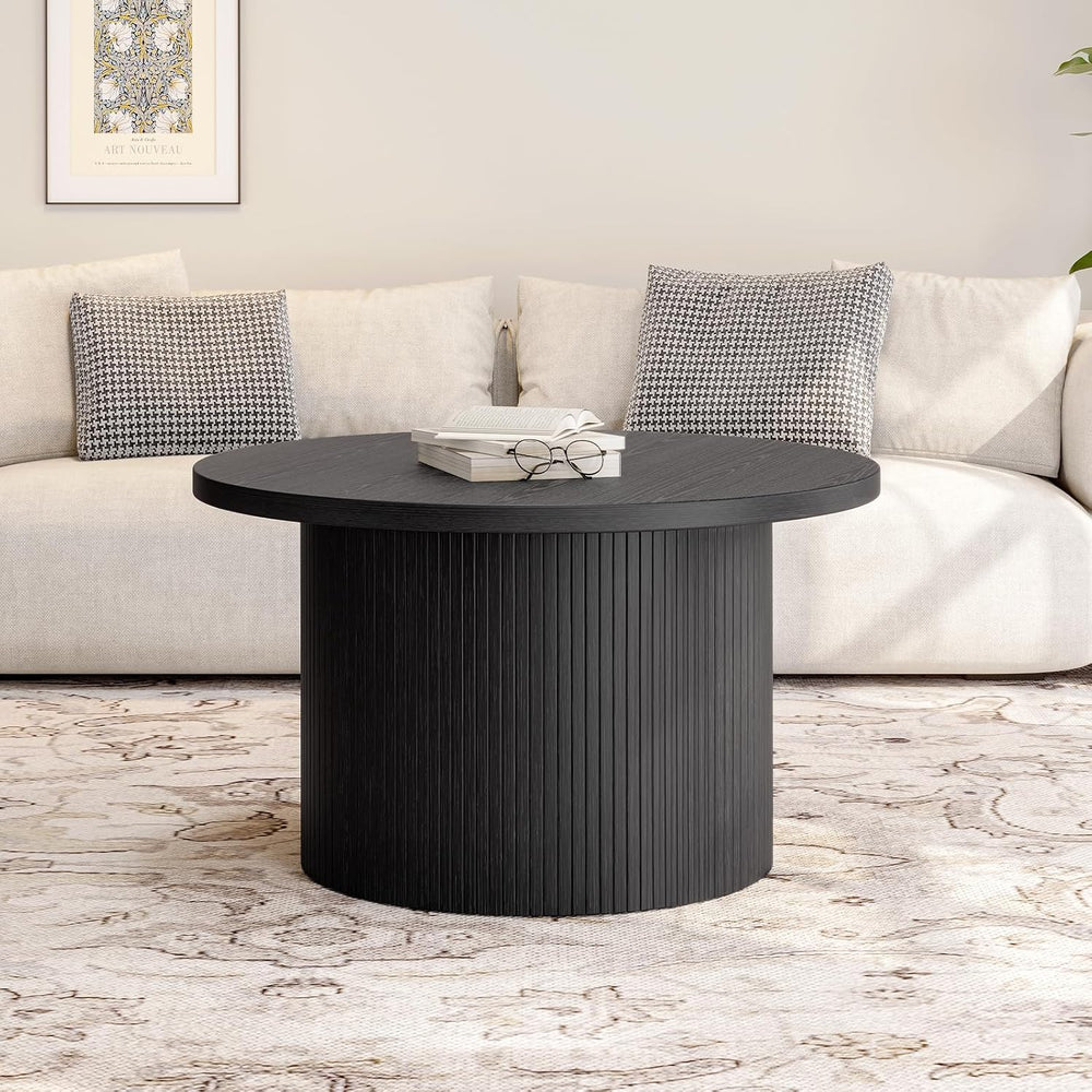 ONBRILL 31.5" Round Coffee Table, Tambour Design, Black
