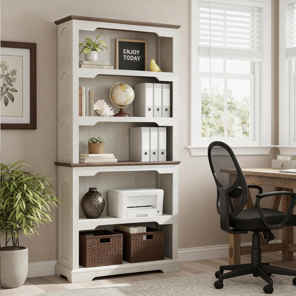 70'' Farmhouse White Bookcase Bookshelf, 5 Tiers Bookshelf with Arche...