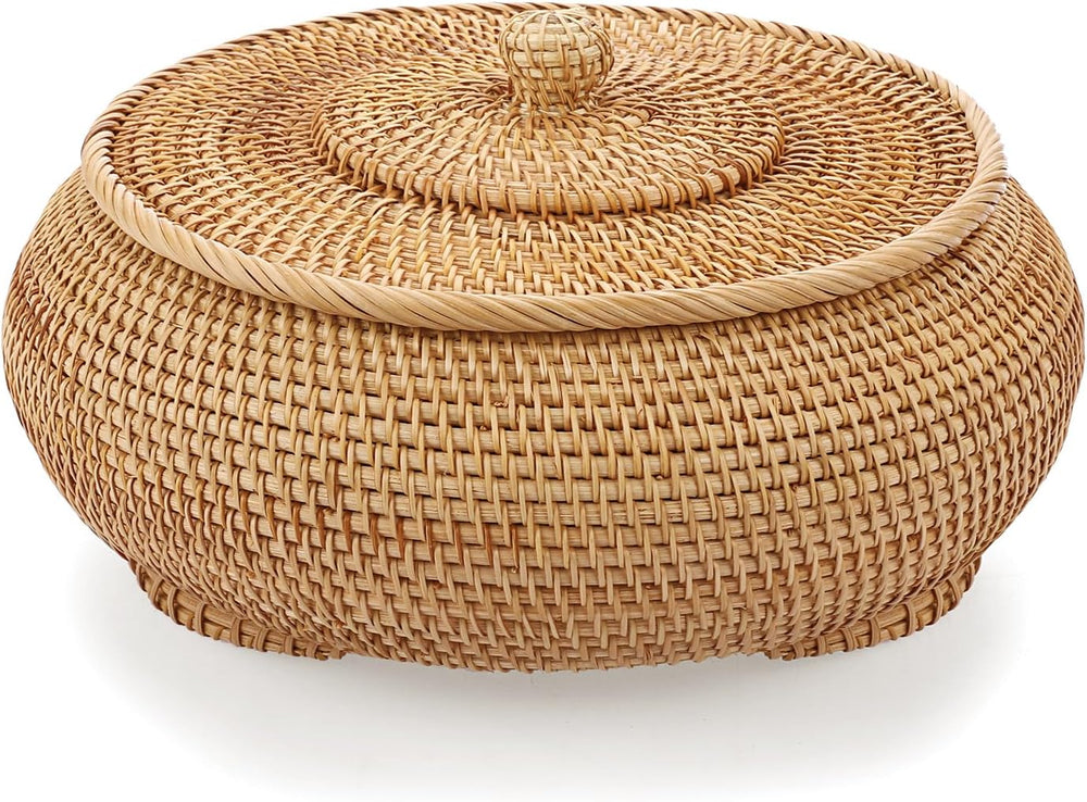 Hipiwe Round Rattan Boxes with Lid, X-Large Woven Wicker Bread Basket Bin