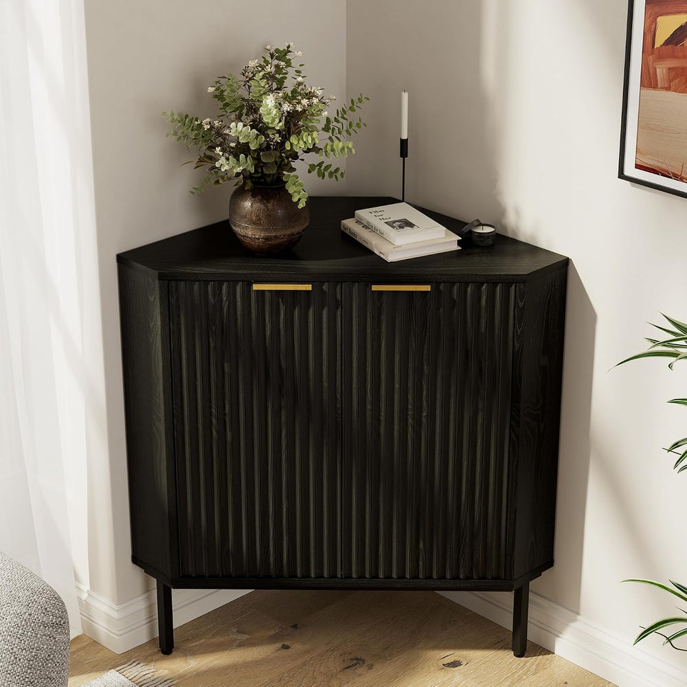 Modern Fluted Corner Cabinet, Small Floor Storage Cabinet with Adjustable She...