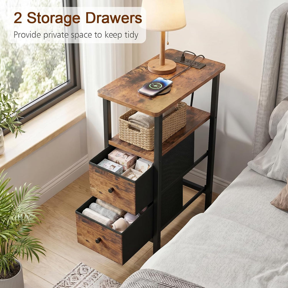 LOAKEKEL Narrow End Table with Charging Station, Small Nightstand