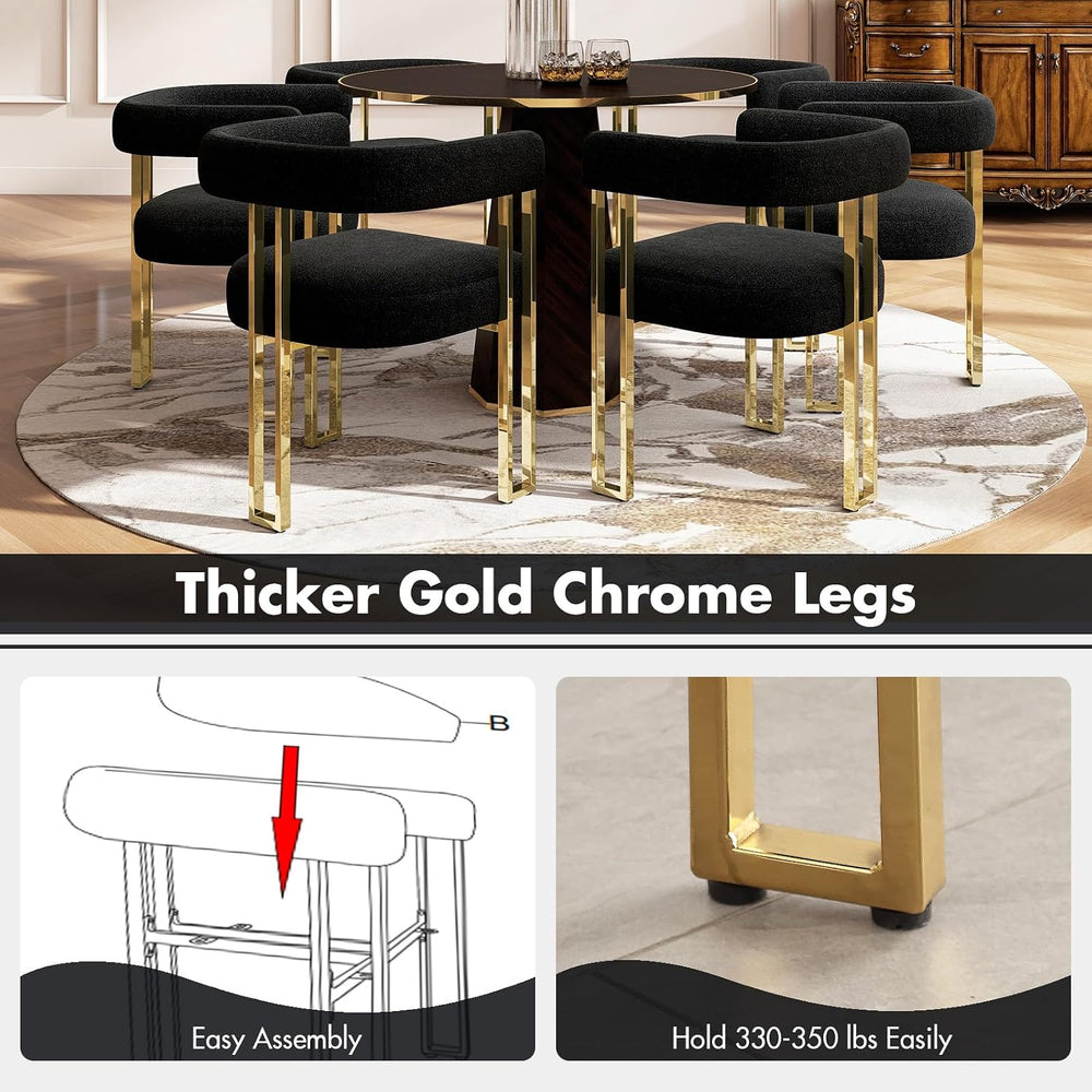Hyfirm Set of 6 Modern Black Boucle Dining Chairs with Gold Metal Legs, Mid C...