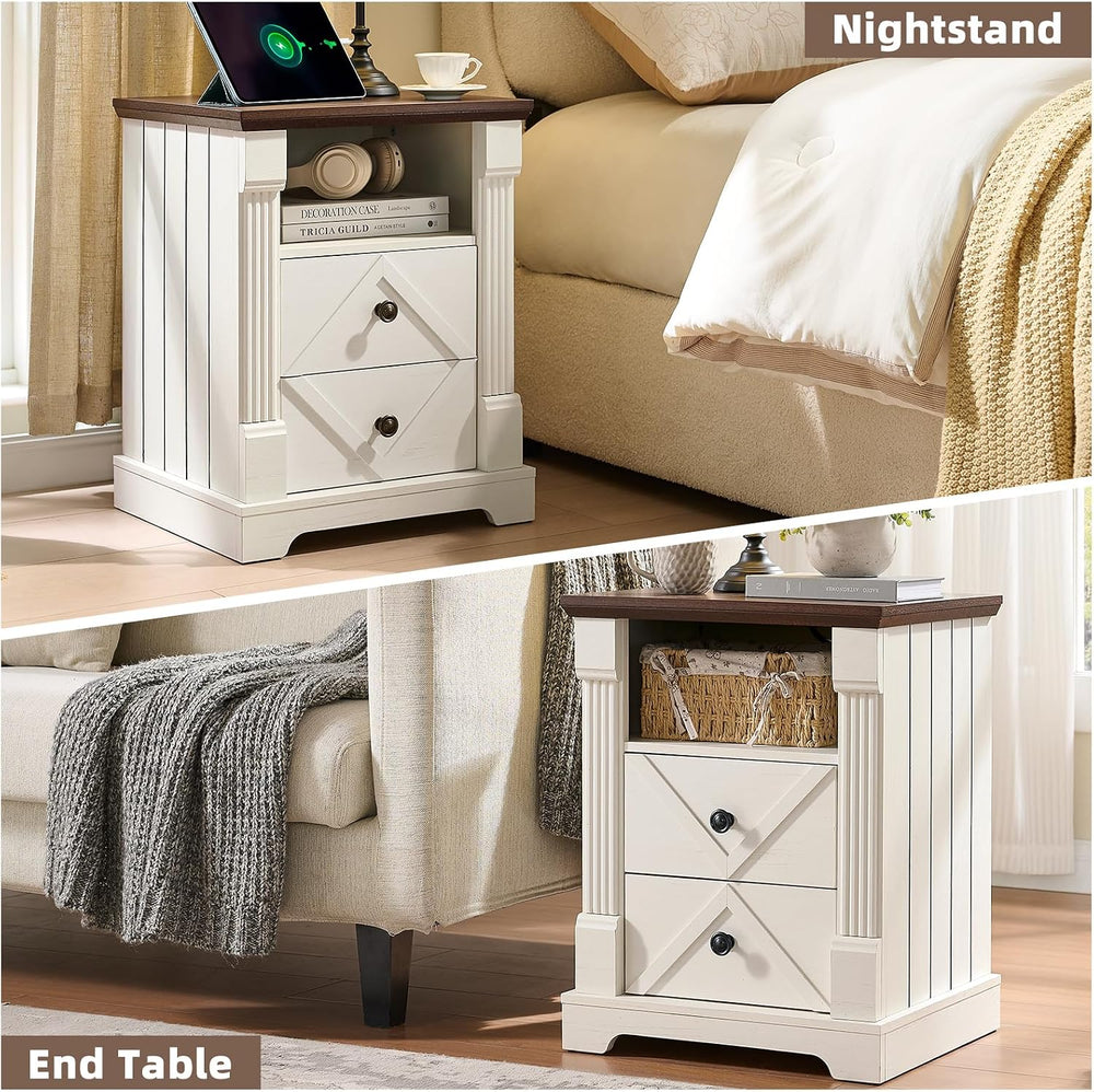 BuildHom 18" Farmhouse Nightstand Set of 2 with Charging Station, White