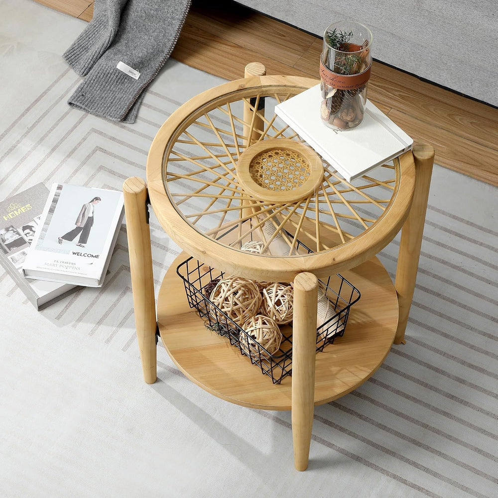 RUSTOWN Rattan Nightstands Set of 2, Boho Round End Tables with Glass Top