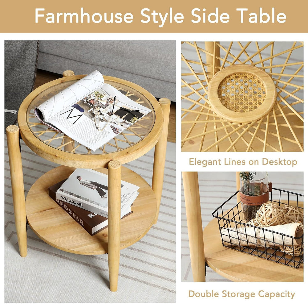 RUSTOWN Rattan Nightstands Set of 2, Boho Round End Tables with Glass Top