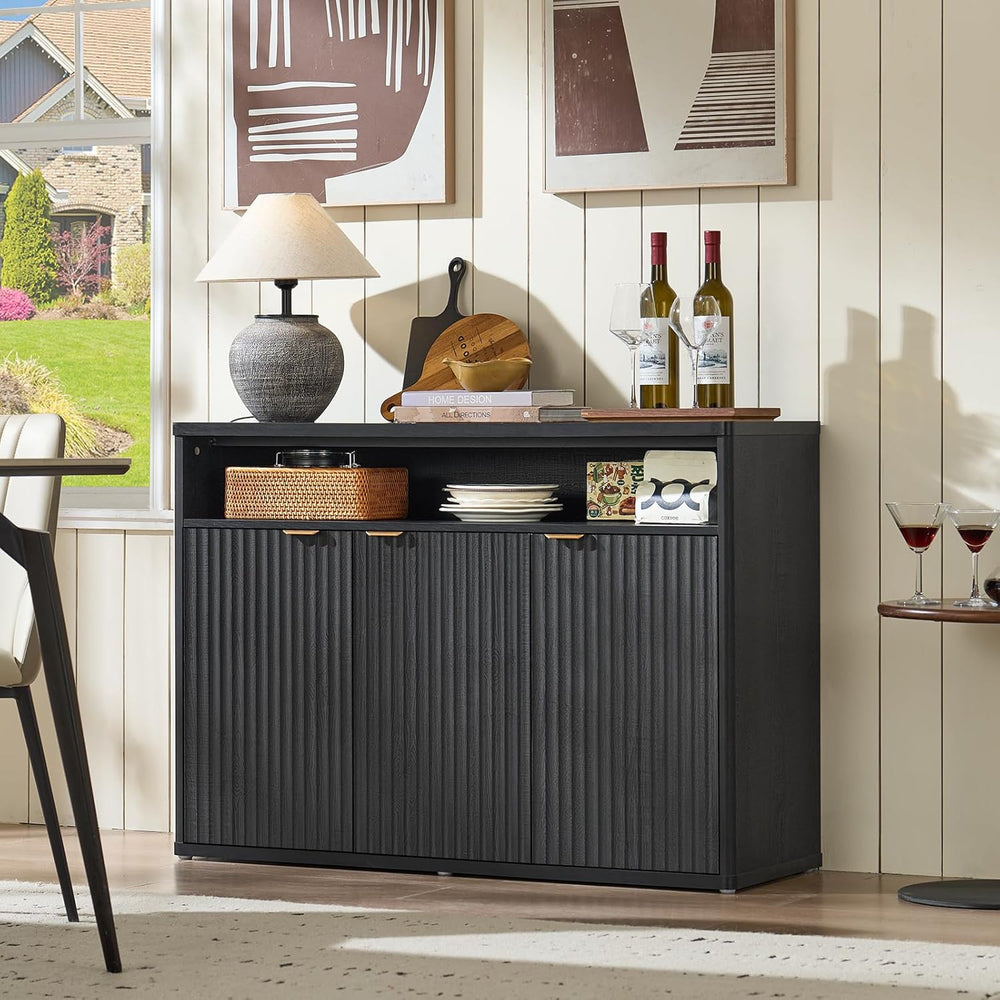 LEYAOYAO 45-Inch Fluted Buffet Cabinet with 3 Doors,Black Oak