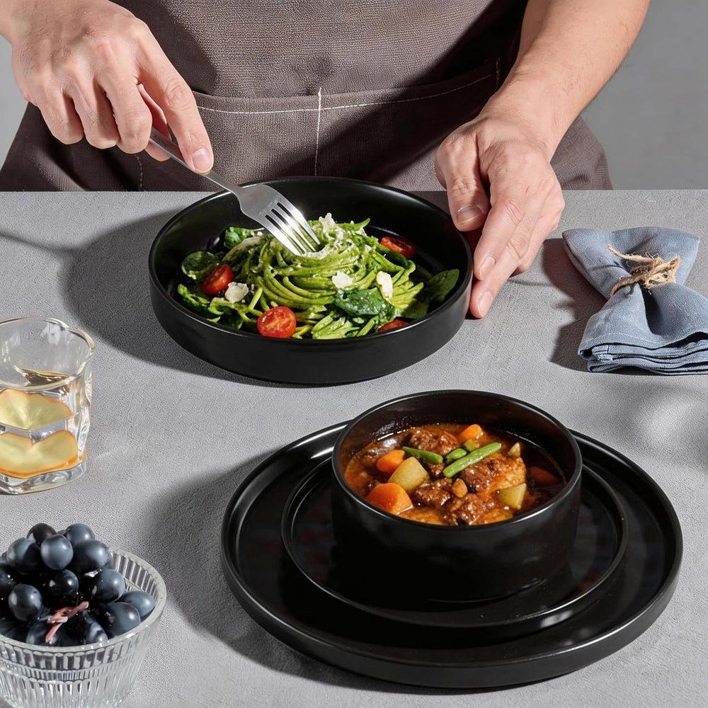 E-far Black Plates and Bowls Sets, 8-Piece Stoneware Dinnerware Set for 2