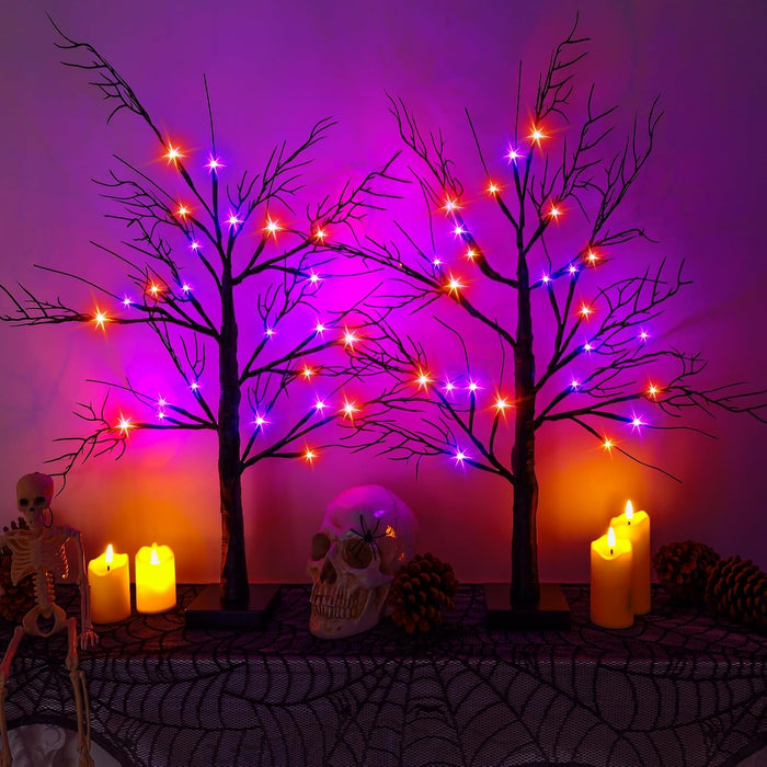 2Pack 24 Inch Halloween Spooky Tree with Lights, Lighted Tabletop Black Tree with Timer, Indoor Halloween Decorations for Home