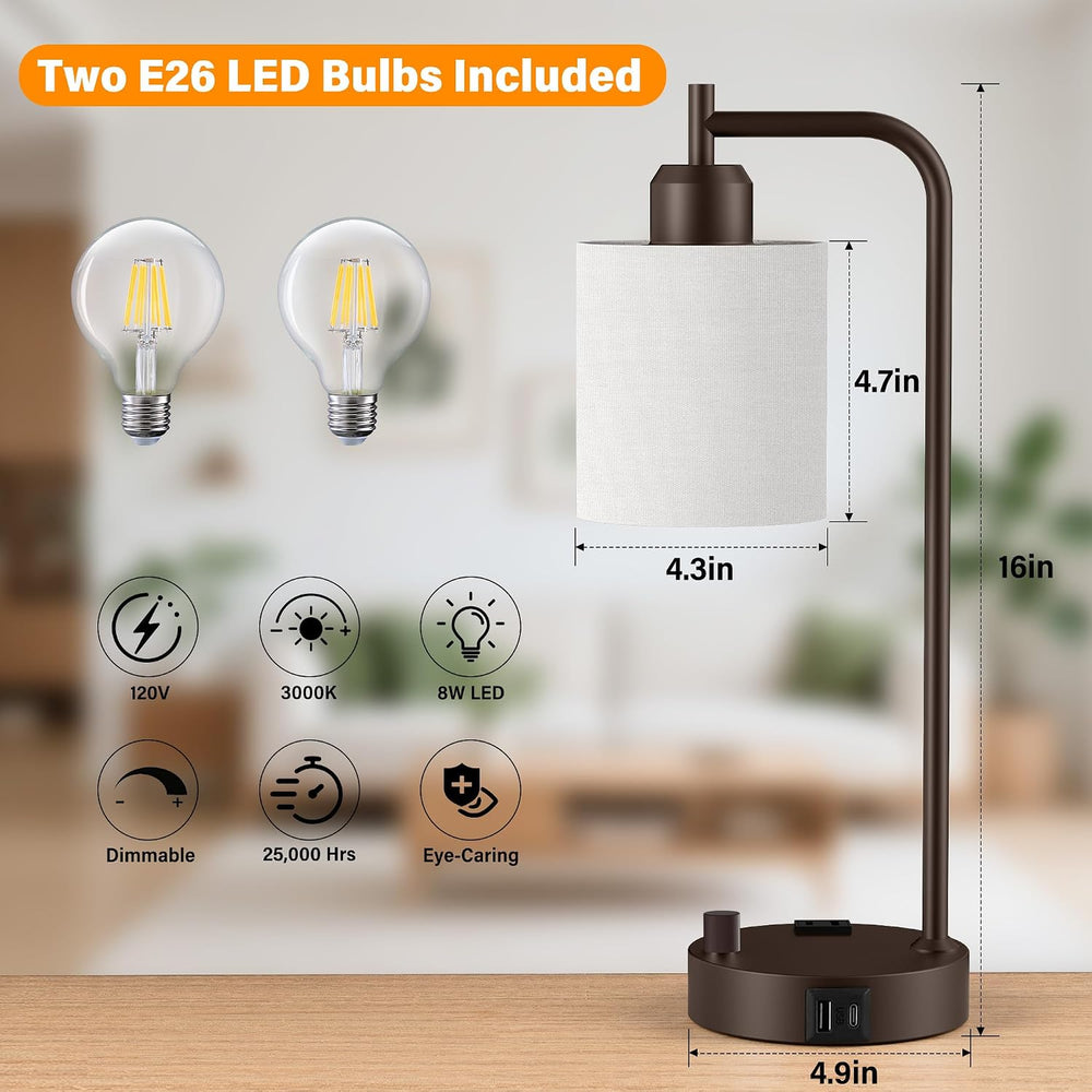 SIBRILLE Industrial Table Lamps with Linen Shade, Set of 2 Fully Dimmable Bed...