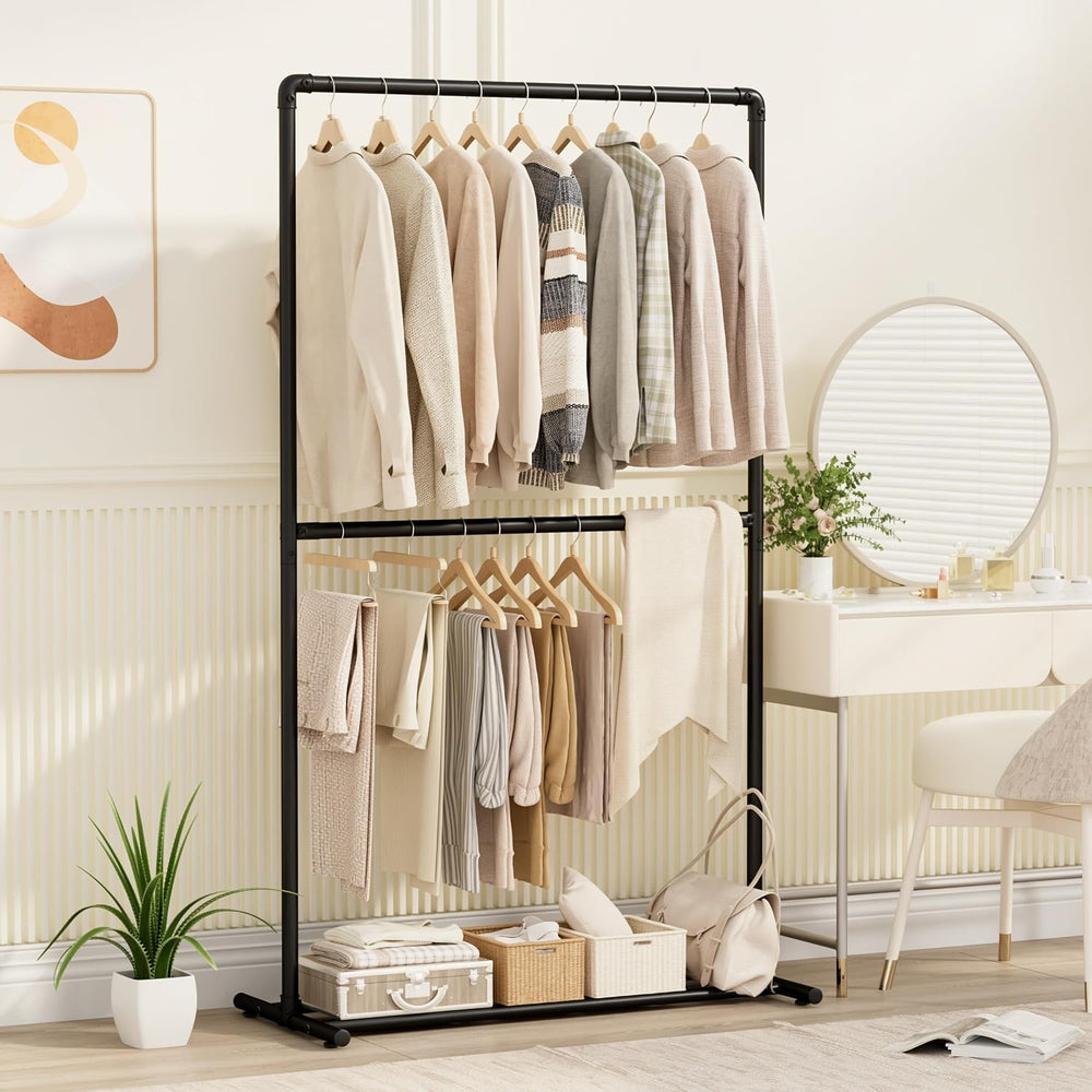 Freestanding Clothing Rack, Metal Hanging Rails, Black, 39x18x67 In