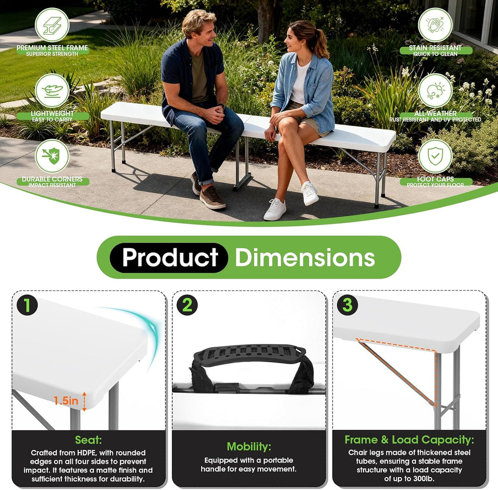 Folding Bench 6 ft, 2Pcs Foldable Plastic Bench with Handle & HDPE Tabletop