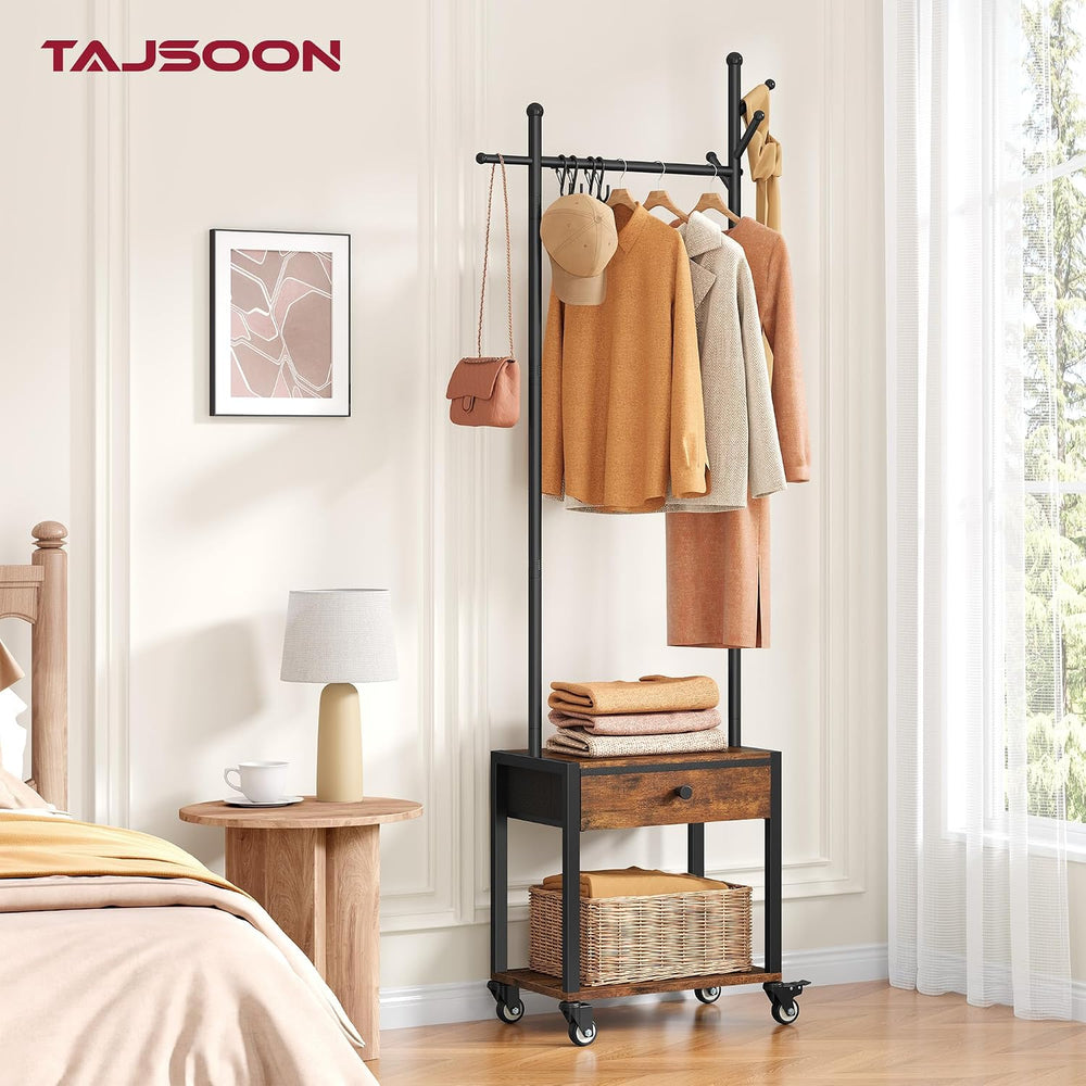 Tajsoon Coat Rack Freestanding with Lockable Wheel, Coat Stand with Drawer