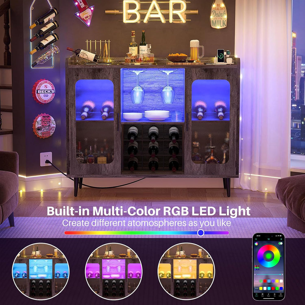 iSunirm Wine Bar Cabinet with Power Outlet & LED Light, Black Oak