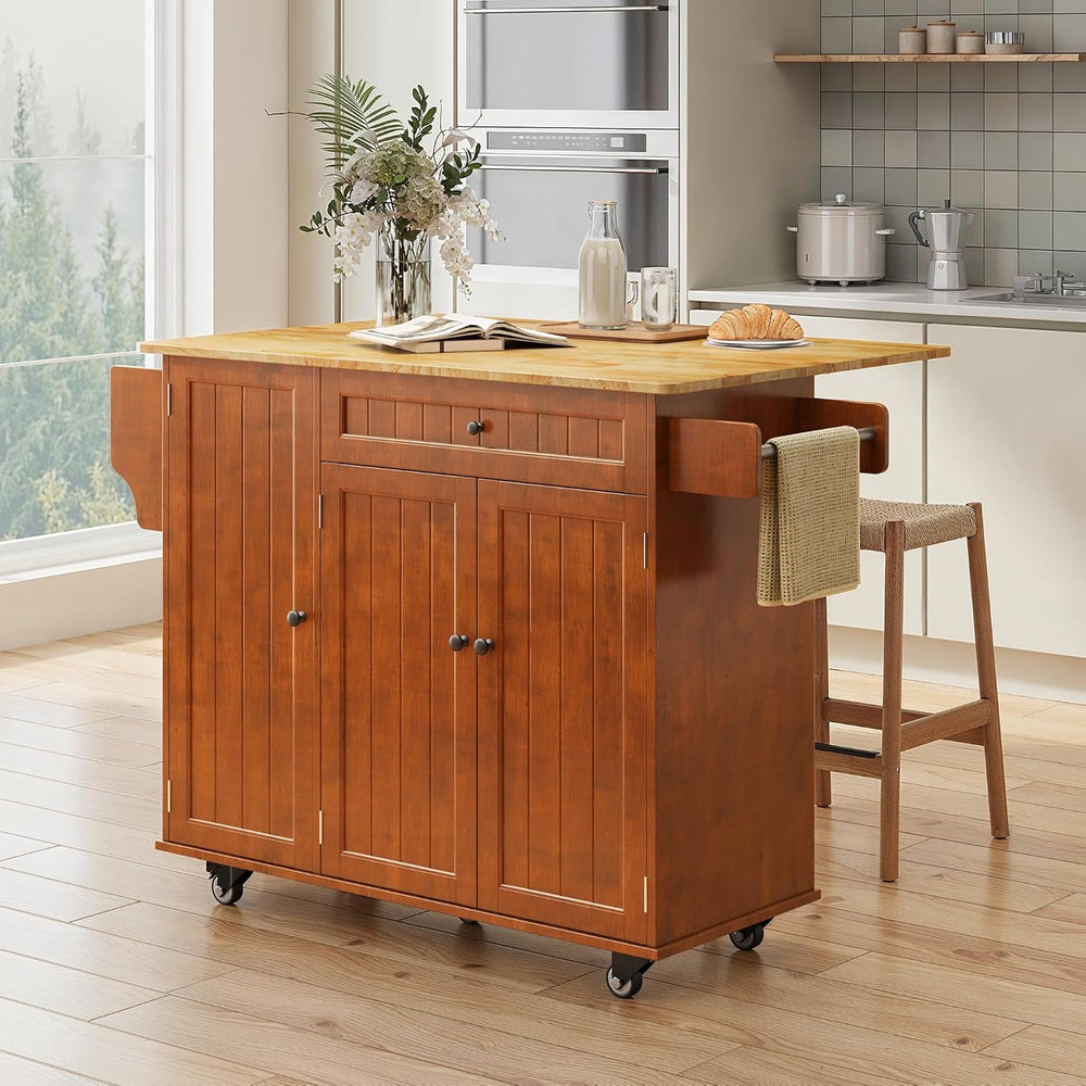Ahomly Rolling Kitchen Island with Storage, Drop Leaf and Drawer, Brown