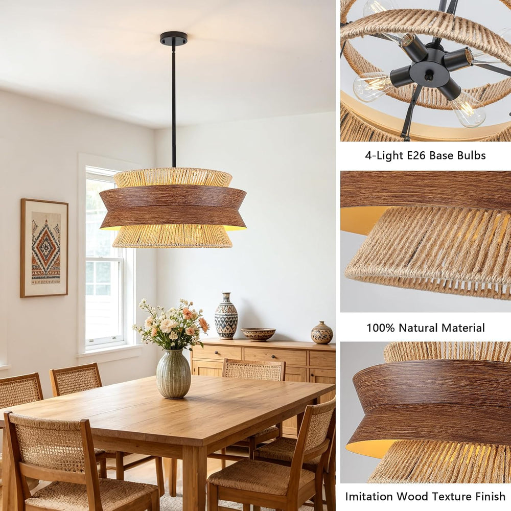 23.6" Rattan Chandelier with Wood Texture for Dining Room
