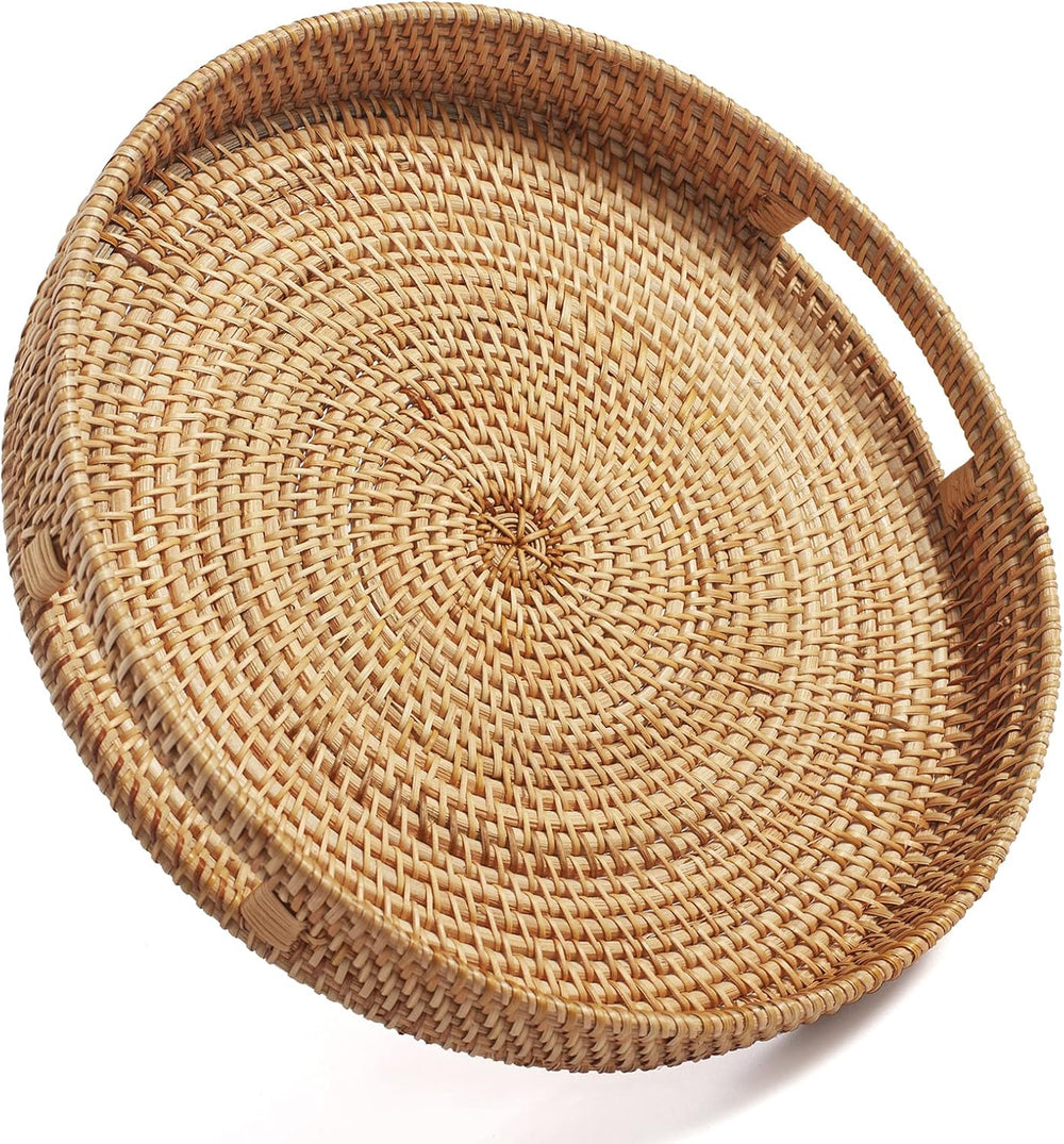Coffee Table Tray Round Rattan Ottoman Tray Woven Serving Trays with Handles ...