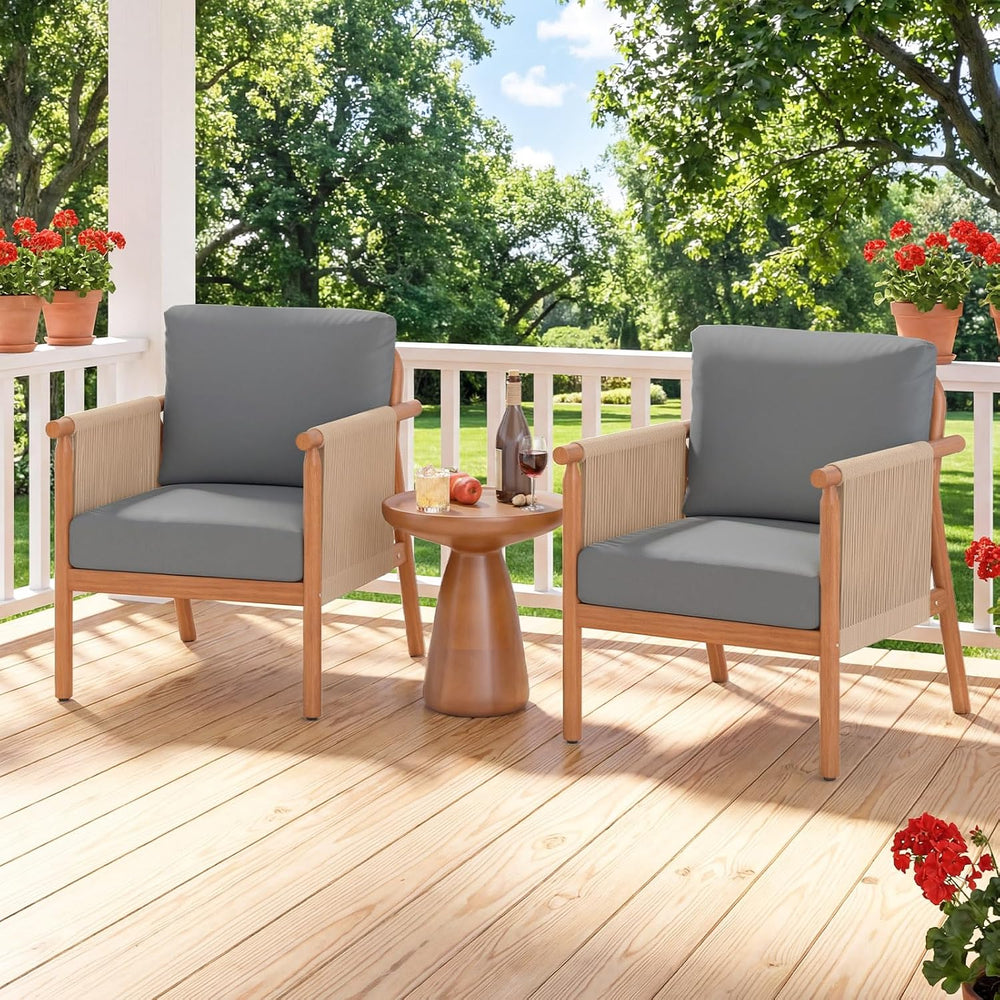 Tangkula Acacia Wood Patio Club Chair Set of 4, Boho Accent Chair with Woven ...