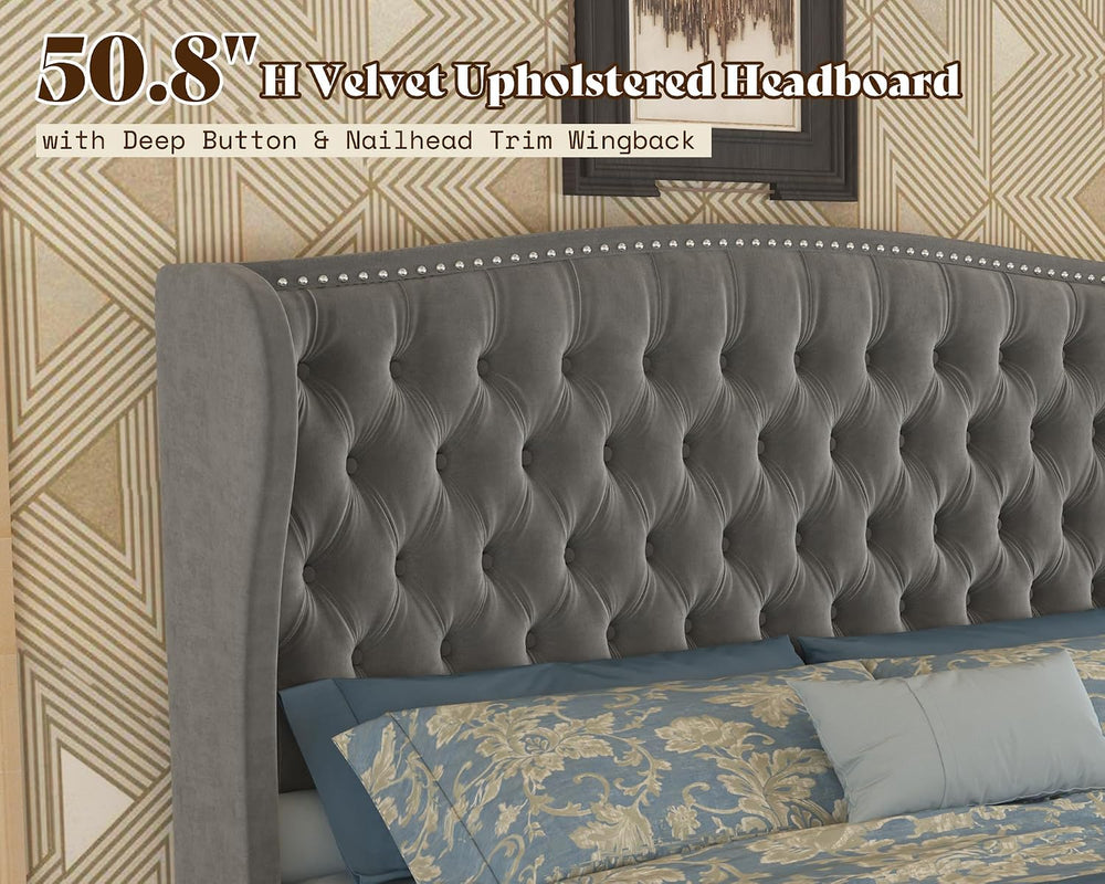 AMERLIFE King Adjustable Bed Frame with 51" Velvet Upholstered Headboard