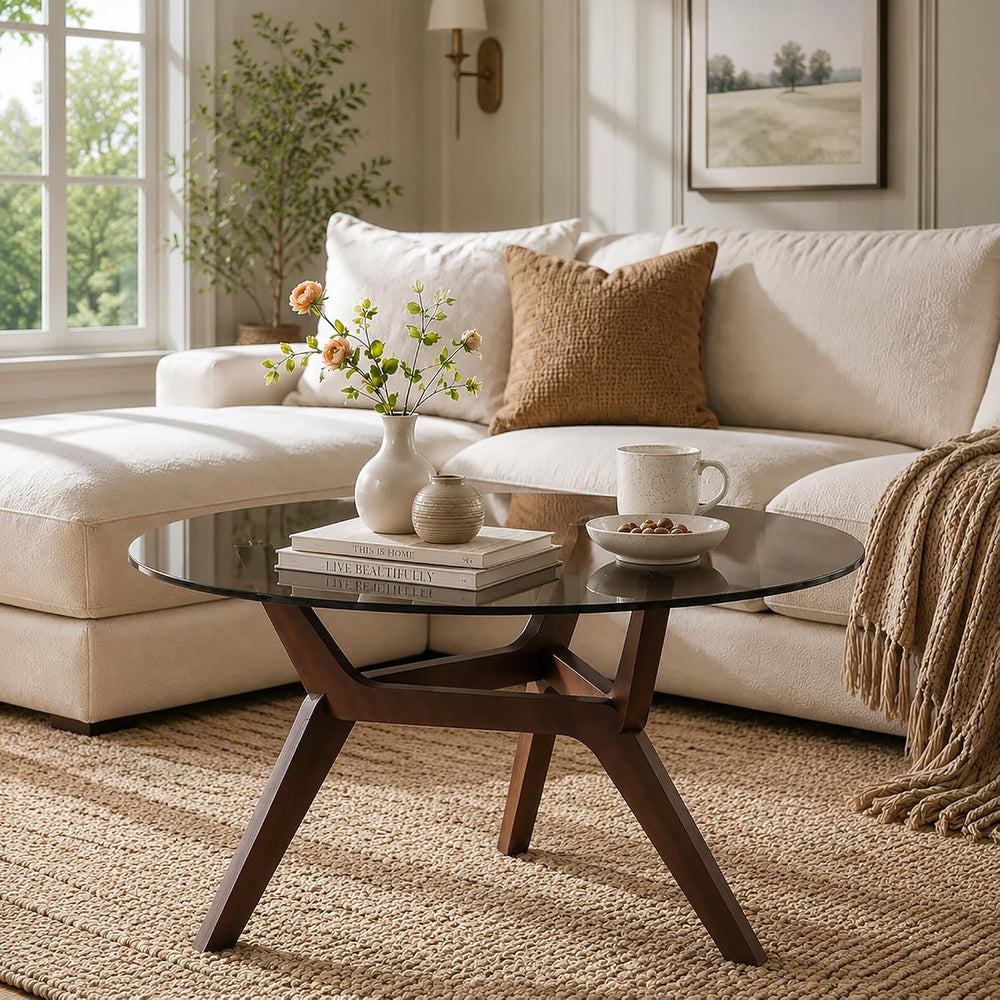 Vlsrka Round Glass Coffee Table, Soild Wood Base, 31.5" W, Walnut