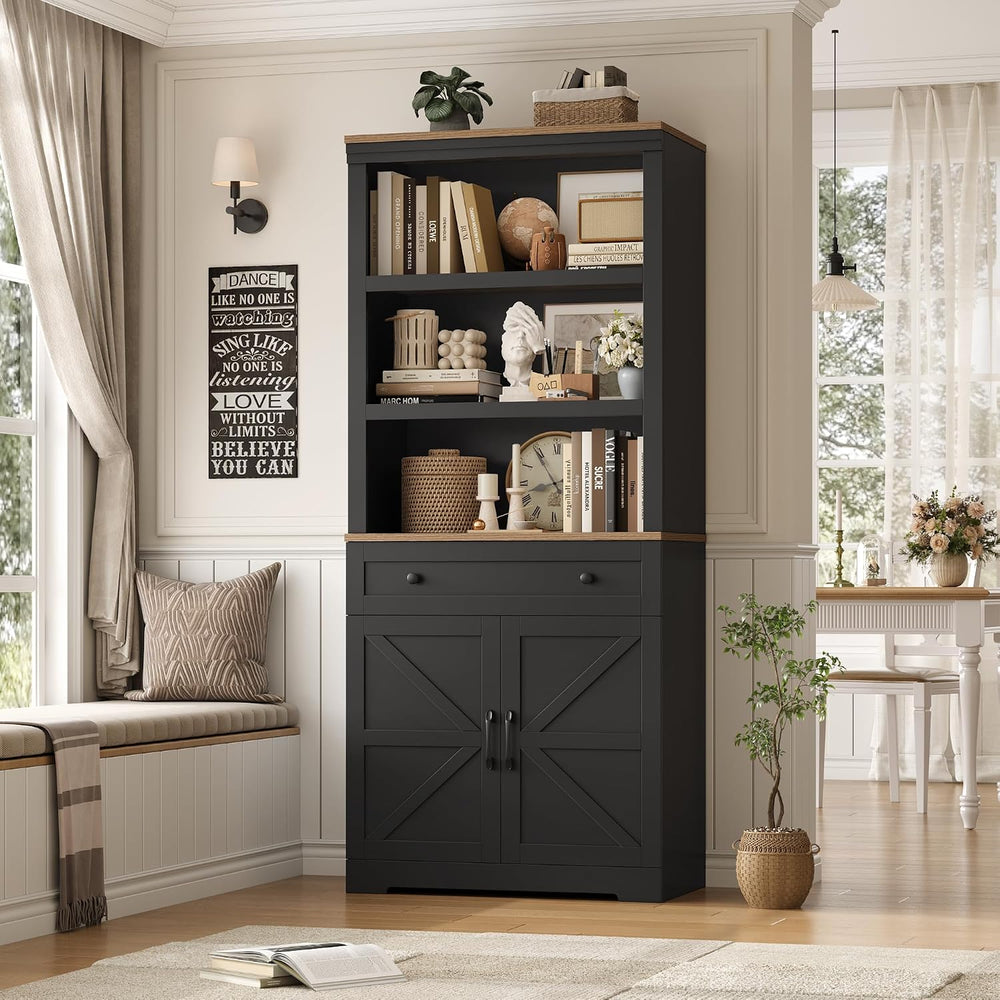 HOSTACK 72"H Bookshelf with Storage, Tall Bookcase with Deep Cabinet, Black