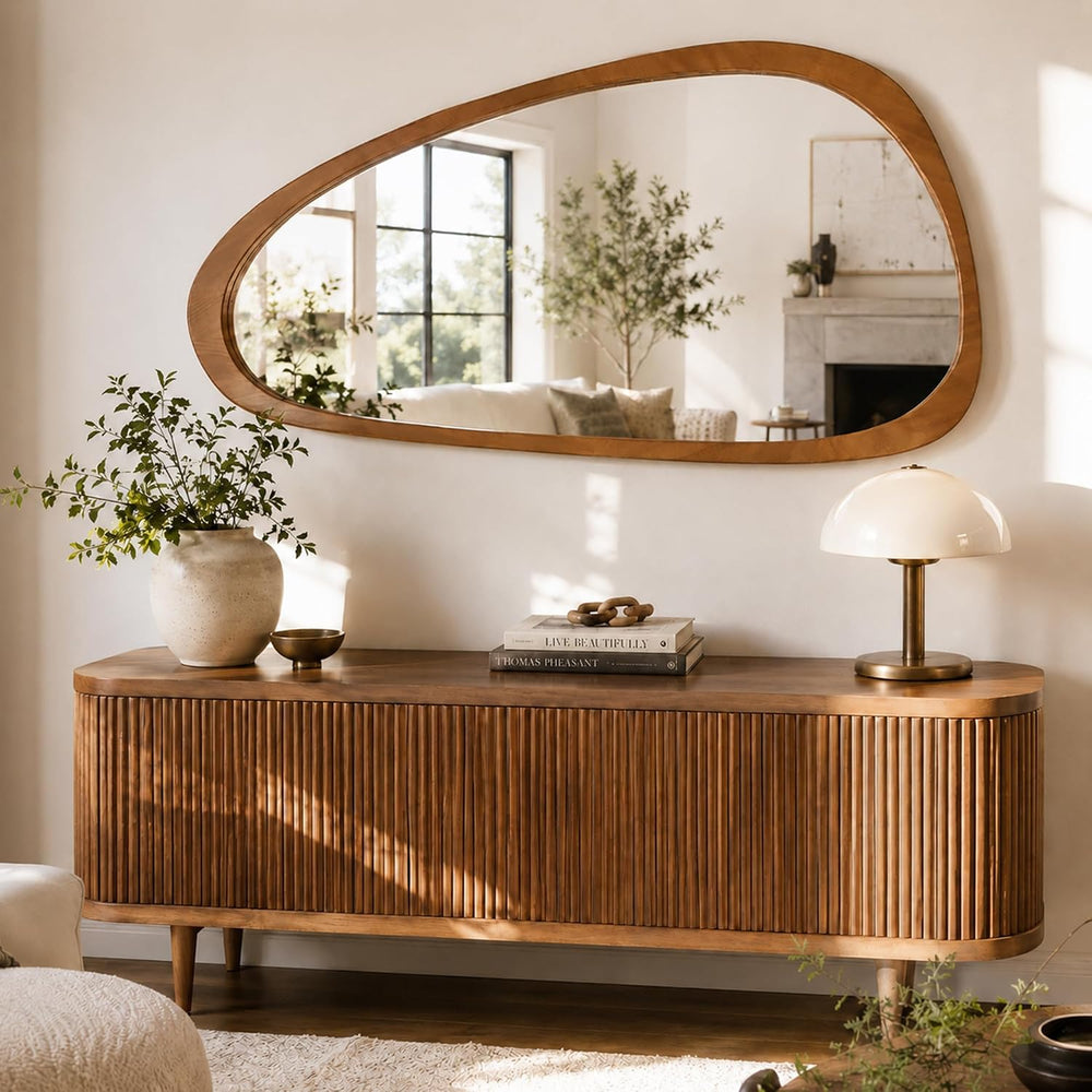 Solid Wood 48"x24" Warm Walnut Large Organic Irregular Wall Mirror