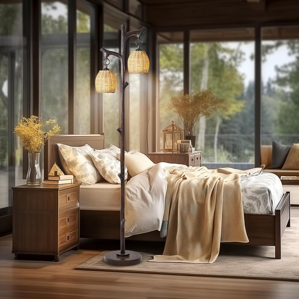 Scenekoy 68" Tall Floor Lamp with Wicker Drum Shade, Foot Switch Dimming