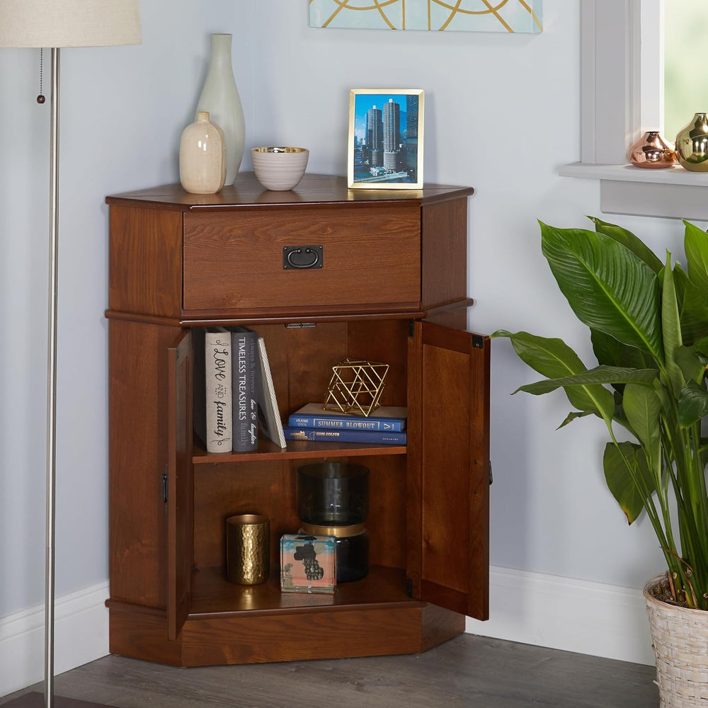 Mission Corner Cabinet with Drawer, Double Doors & Elegant Black Metal Ha...