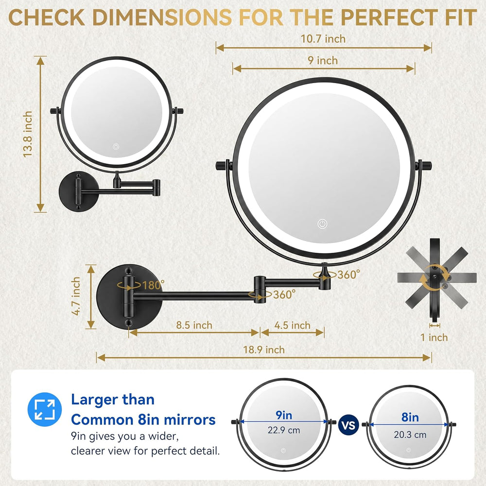 Auxmir 9″ 5000mAh 1X/30X Wall Mounted Lighted Magnifying Makeup Mirror