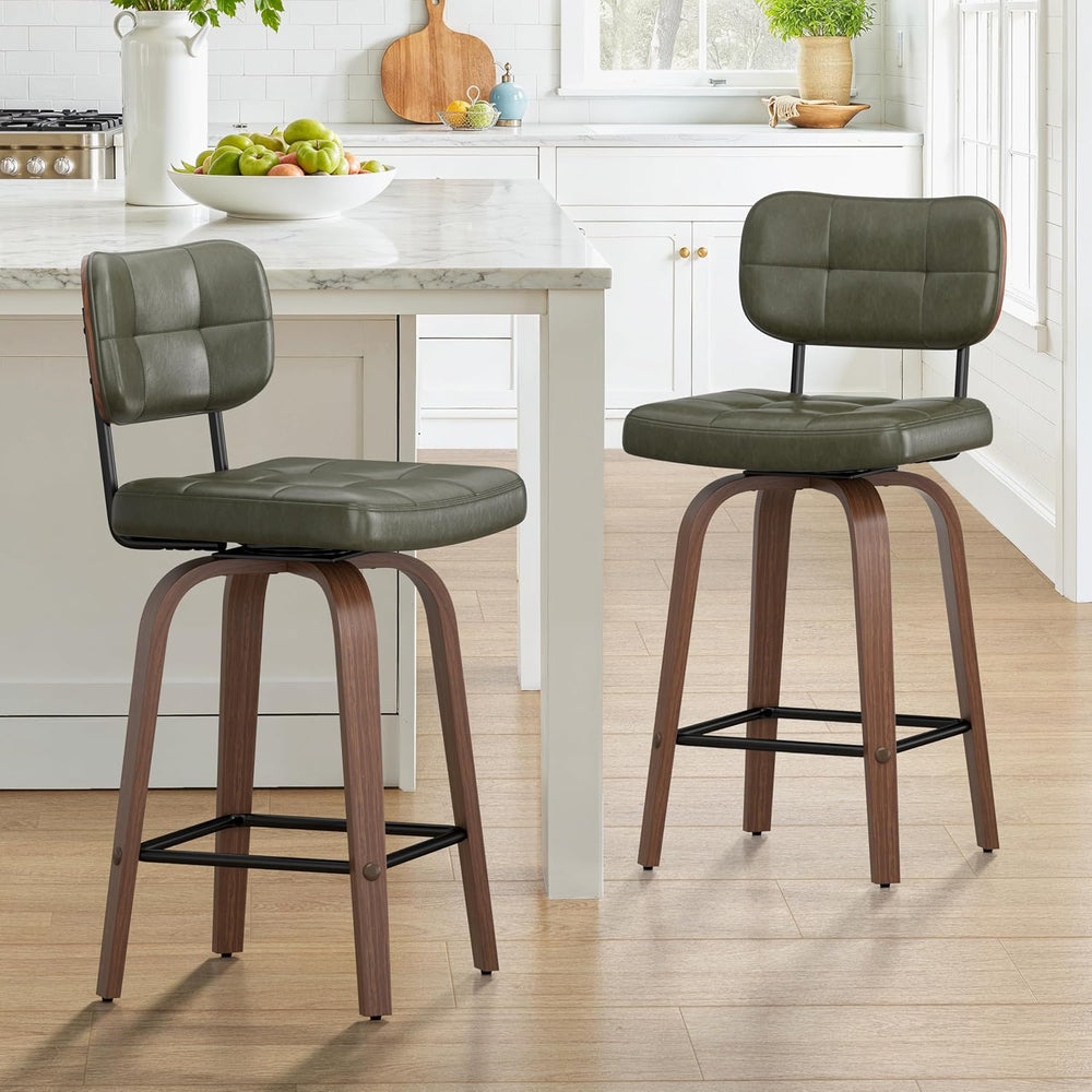Bar Stools Set of 2 Swivel Counter PU Leather, Deep Green